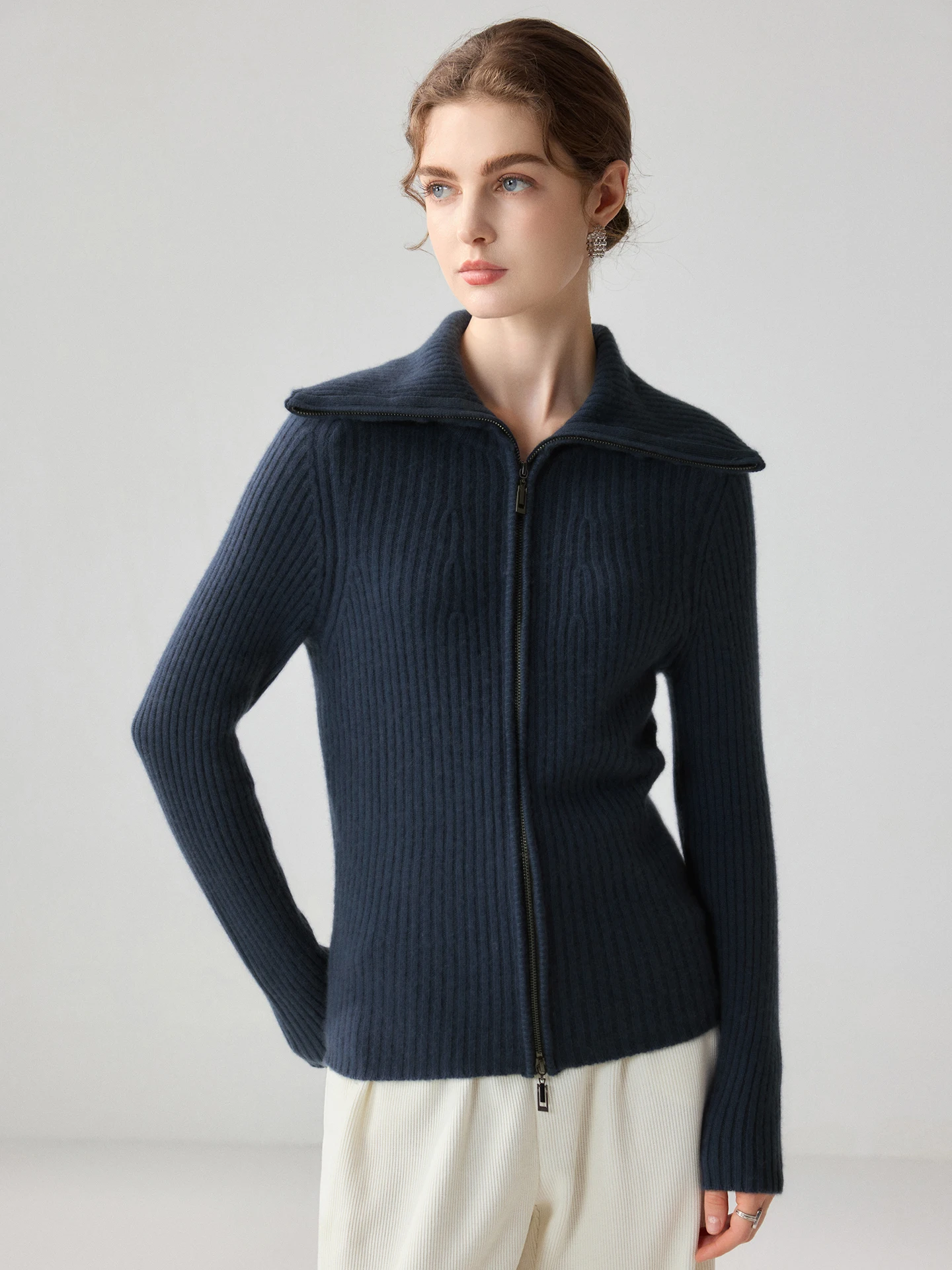 TLOML Women's 100% Cashmere Sweater Turn-Down Collar Double Zipper Pit Stripe Cardigan Autumn Winter Cashmere Knitted Thick Coat