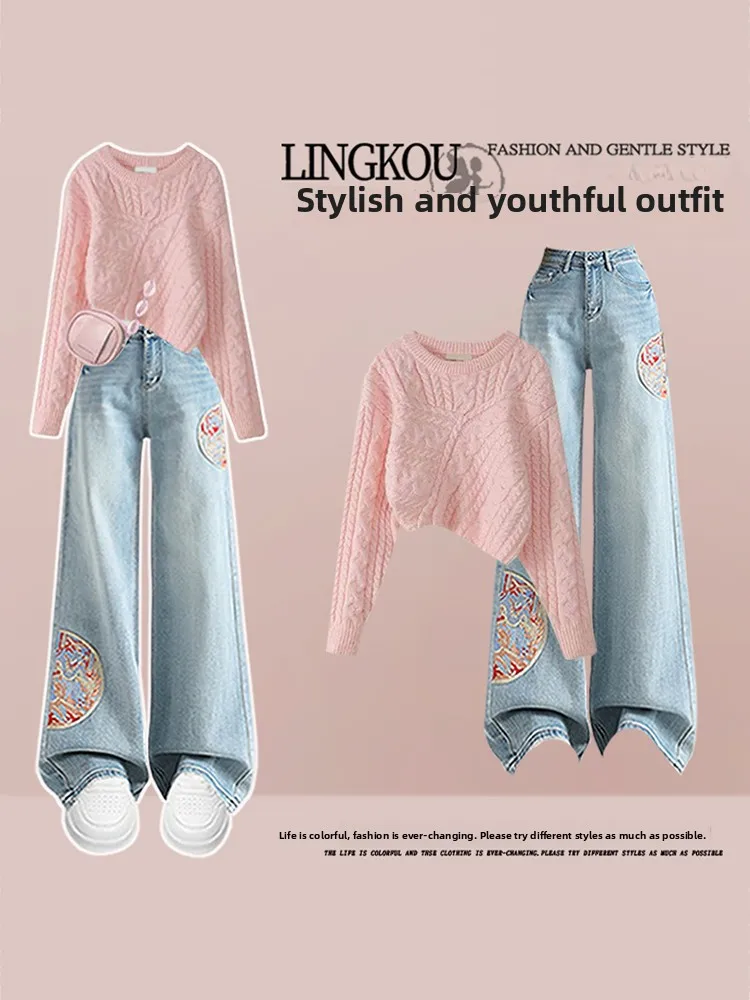 

Элегантный вязаный свитер и джинсы с вышивкой: женский модный комплект в нежном стиле, осенняя коллекция, топ с длинным рукавом и круглым вырезом