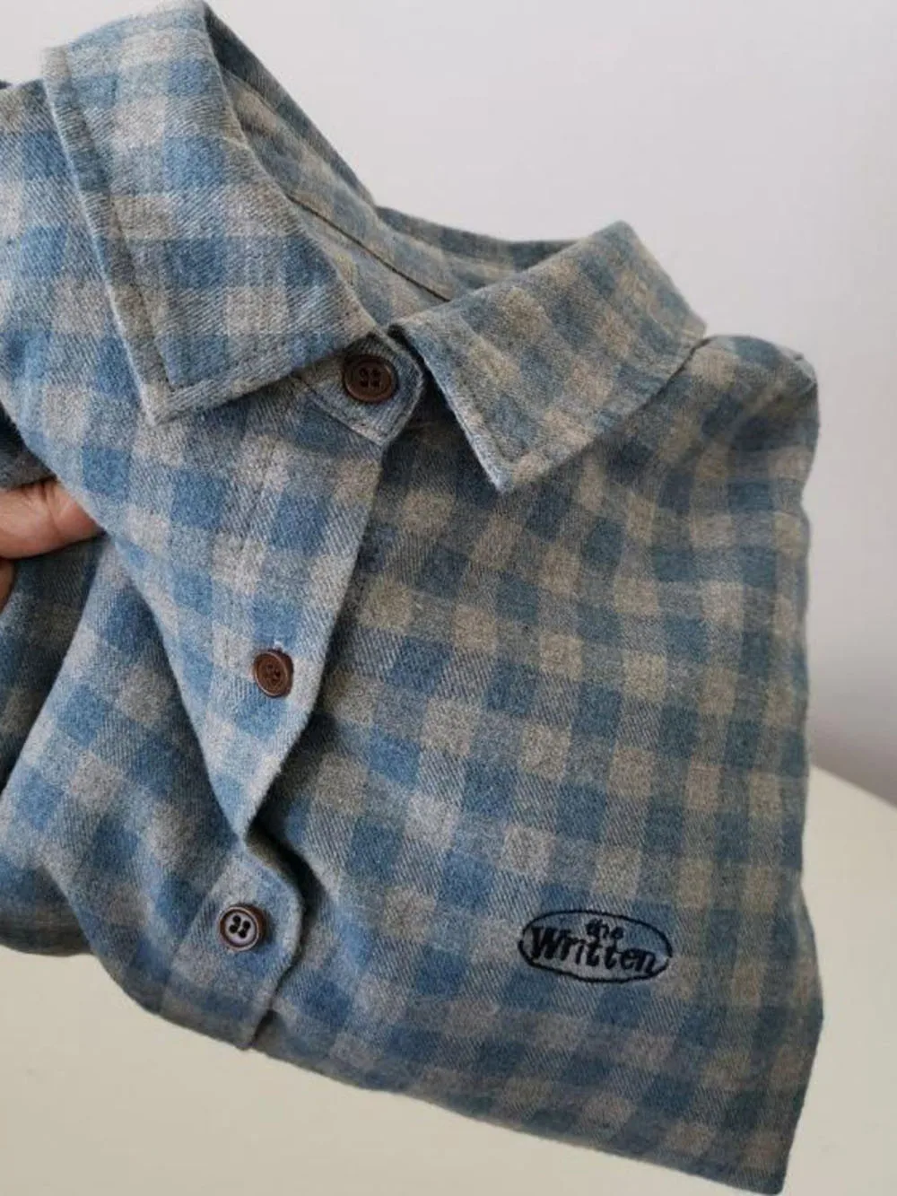 New Blue Gray Checker Pattern Womens Shirt Lapel Design Blouse Loose Fit Long Sleeve Top Spring Summer Single Button Tops
