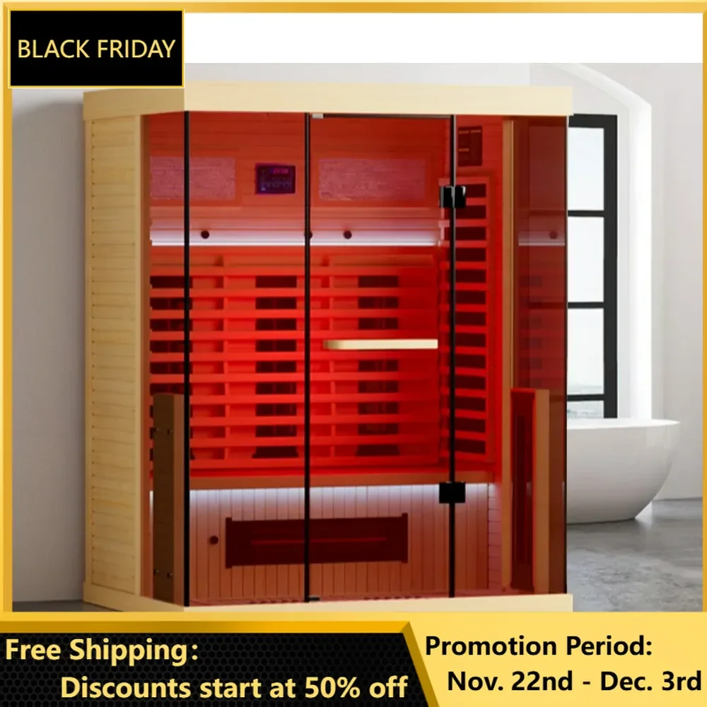 Full Spectrum Infrared Sauna, 2-3 Person Home Sauna, Indoor Spa Sauna with Resonance Speaker, Panoramic Tempered Glass Door