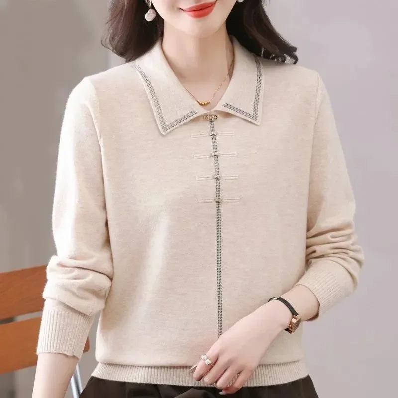 Elegante suéter de punto con solapa para mujer de mediana edad, decoración de rana china, manga larga, tallas L-4XL