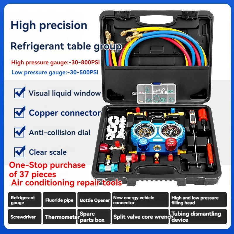 Air Conditioning Repair Tools Tubing Dismantling Device High Pressure Gauge:-30-800PSI Dual Gauge Valve Block