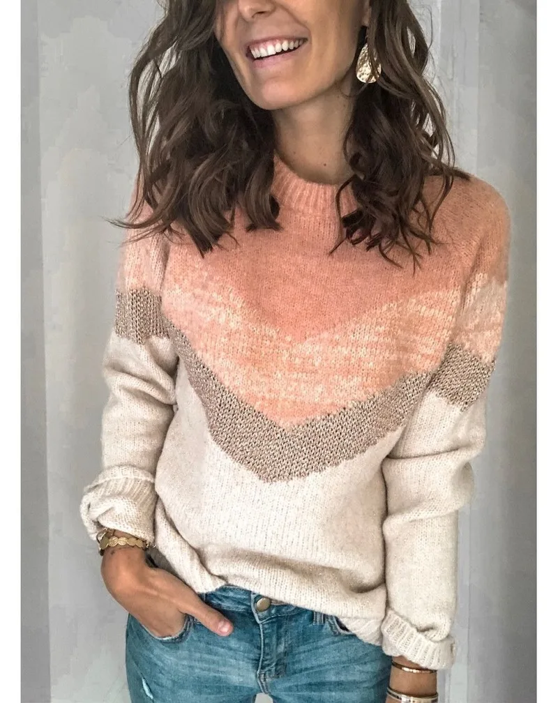 

Winter Pink Knitted Sweater Women O-Neck Striped Color Block Sweater Pullovers Long Sleeve Ladies Knitwear Causal Pull Femme