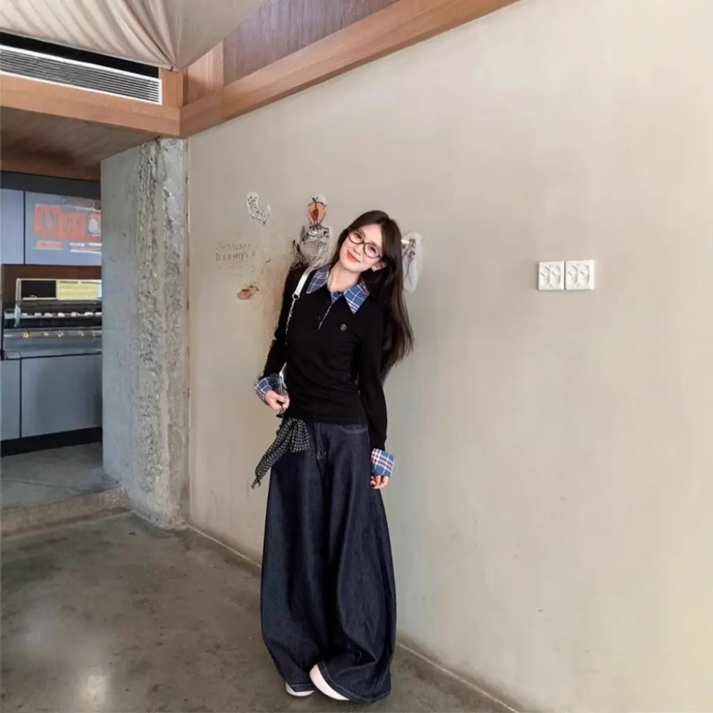 

Korean-Style Women's Slim-fit Plaid Shirt Fake Two-Piece Set Long-Sleeved Chic Design for Autumn Winter Base Layer Top