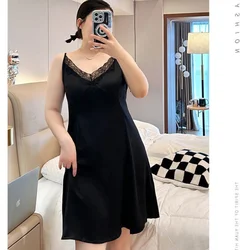 150kg Plus Size Thin Lace Splicing Nightdress Women Loose Belly Cover Sexy Halter Pajamas Oversize Knee Length Loungewear 3XL