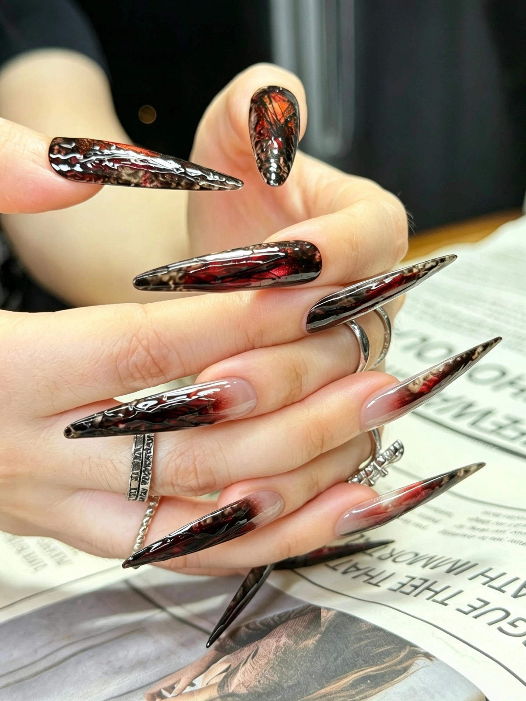 Gothic Red Spider Web Press On Nails, Long Stiletto Fake Nails with Black Gradient, Handmade Reusable Acrylic Nails for Hallowee