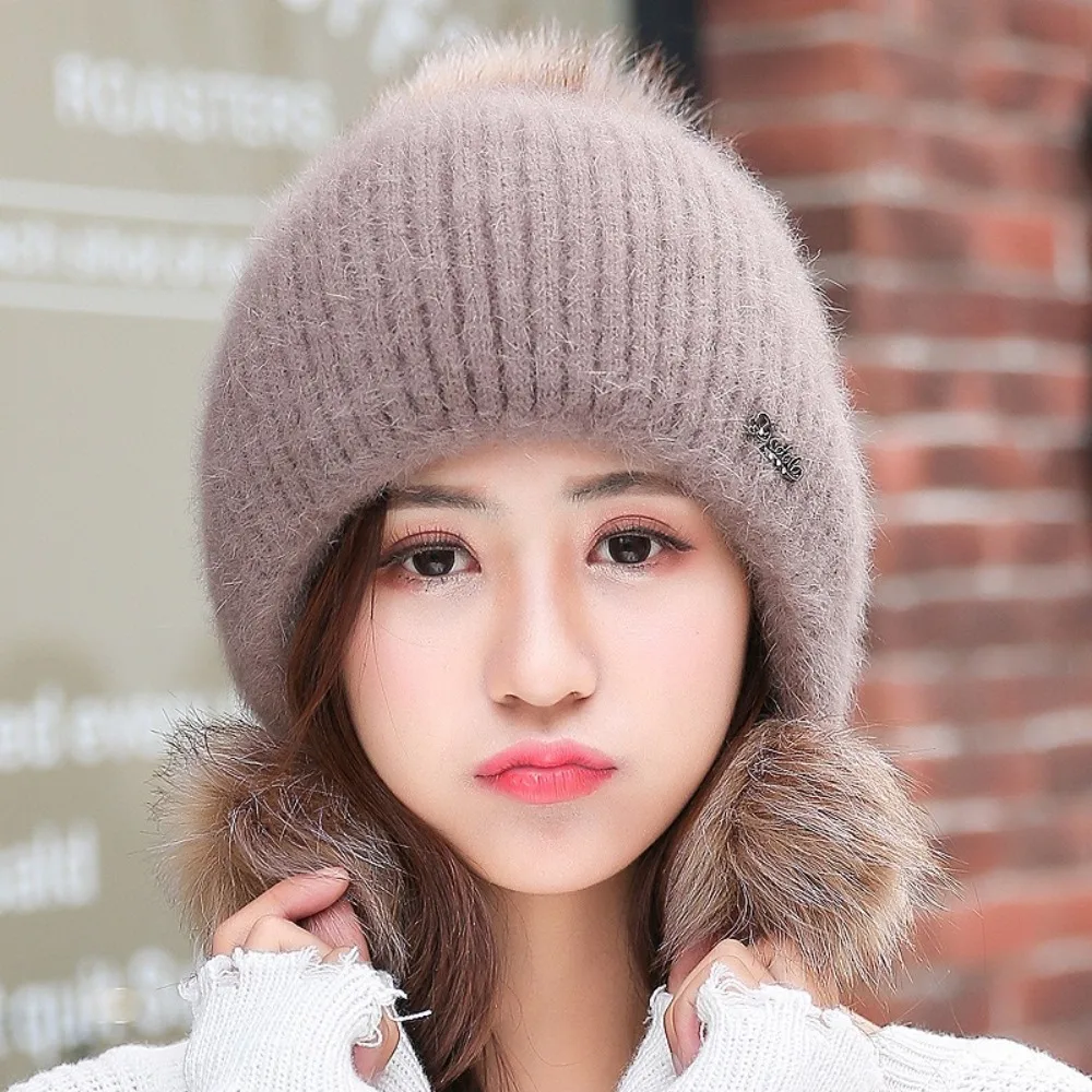 

Thickened Warm Knitted Hat Breathable Comfortable Fur Pompom Beanies Hat Ear Protection Solid Color Pullover Hat
