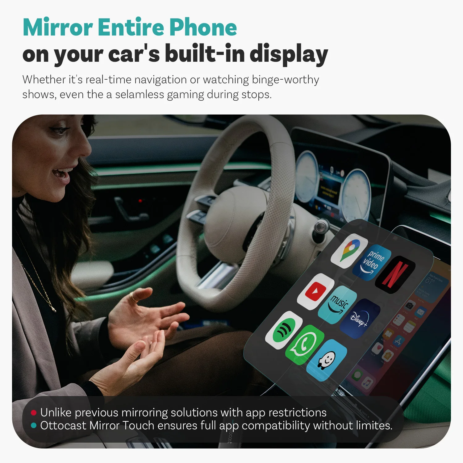 Ottocast Mirror Touch Wireless CarPlay Controllo bidirezionale Plug & Play Video Box per iOS e Android Mirroring VW Audi Benz
