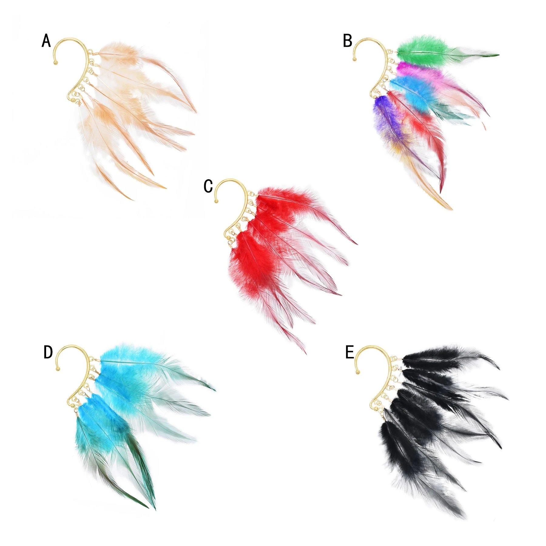 1PCS Afcian Gypsy Left Large Exaggerate Nature Colorful Feather Ear Clip for Women or Men Dance Party Travel Jewelry Accessories