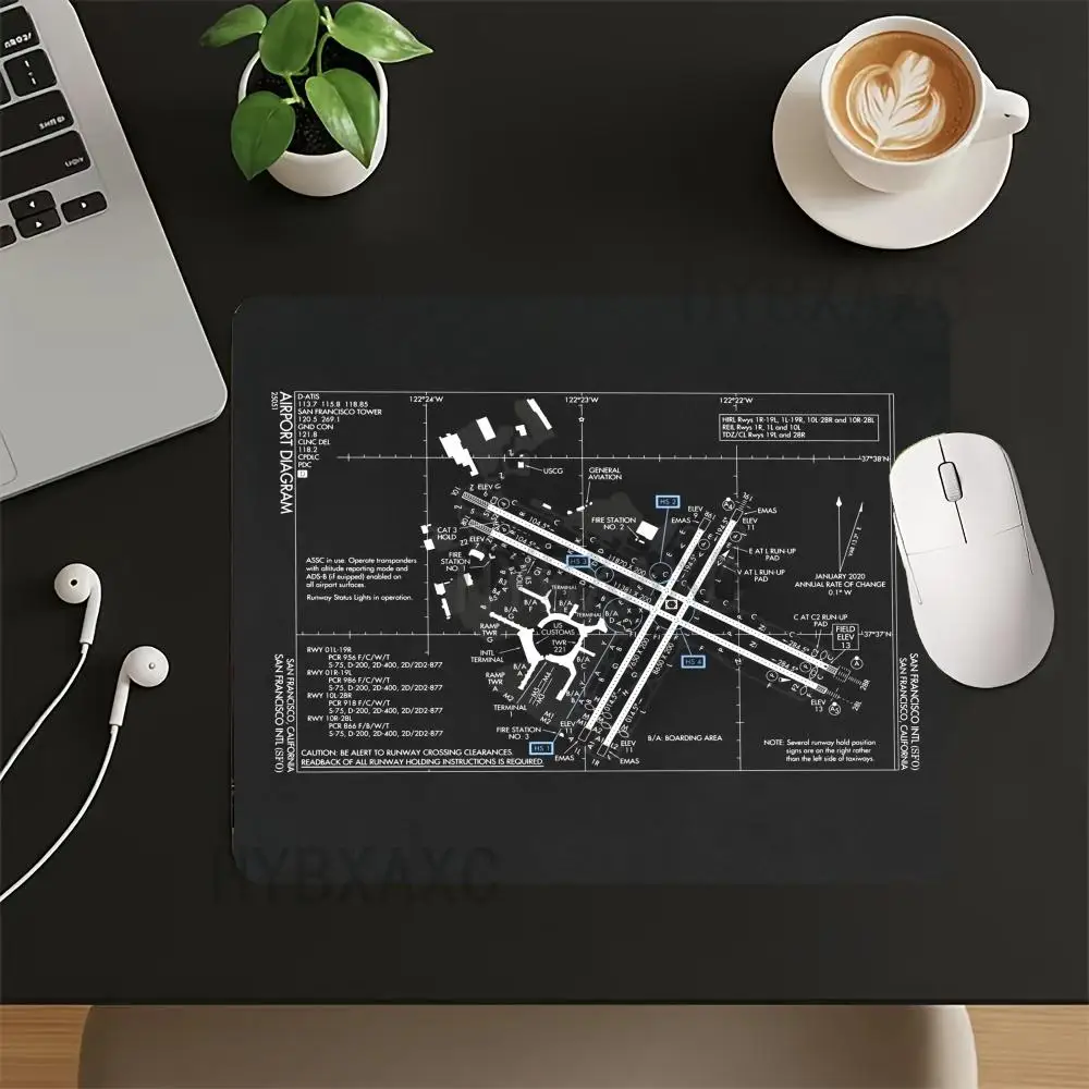 HYBXAXC Airport Map Print Small Mouse Pad, Black Desk Mat, Non-Slip Base for Aviation Lovers & Office Use