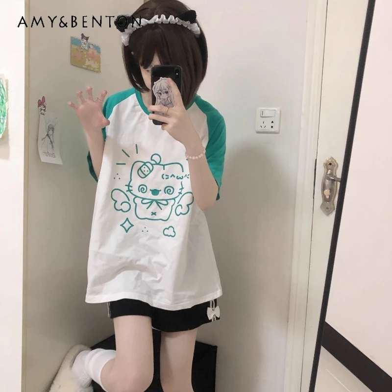 

Original Homemade Japanese Cute Summer New Lake Blue Color Matching Two-dimensional Cartoon Kitten Short-Sleeved T-shirt Women