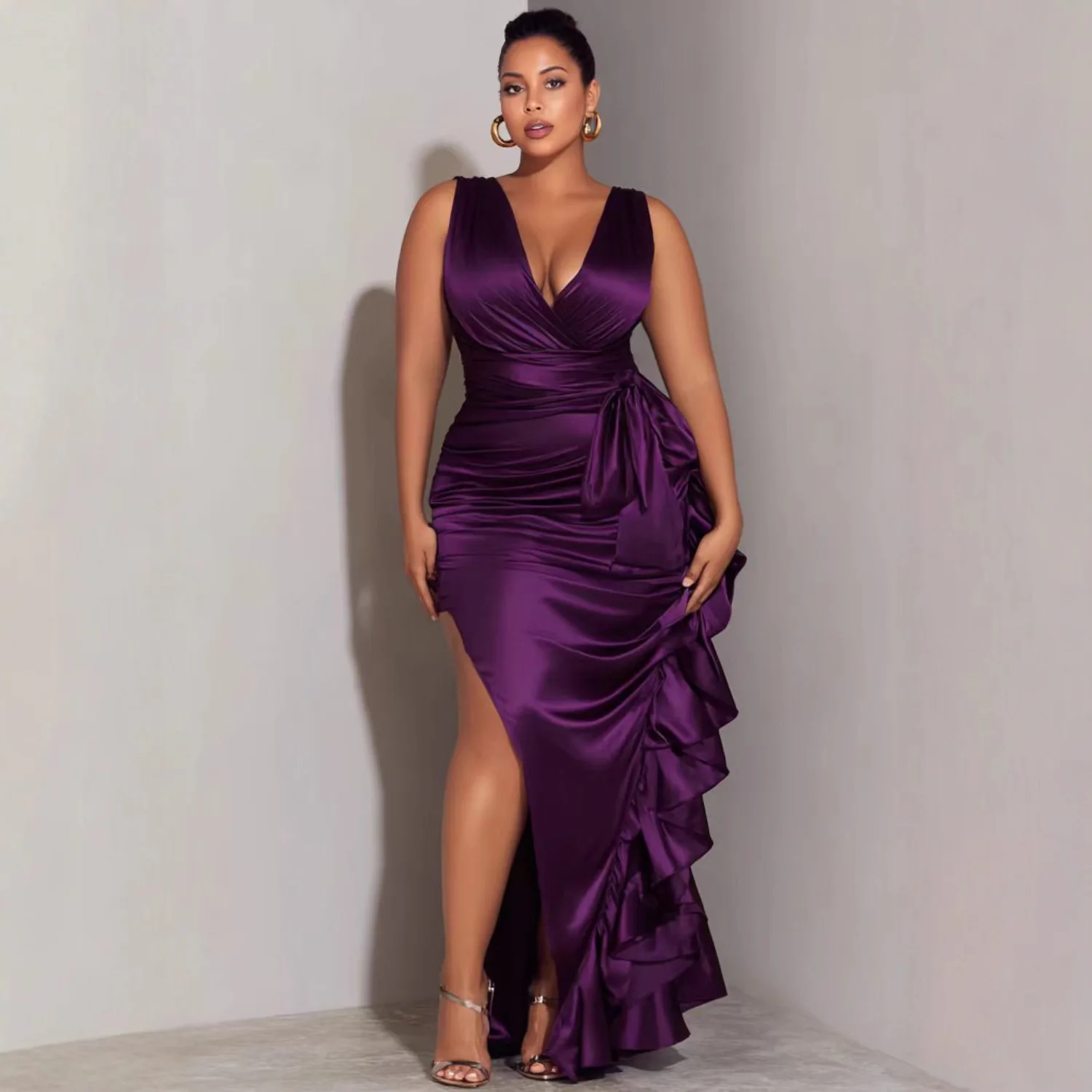 

Плюс размер Коктейльная вечеринка Фиолетовый с запахом на шее Элегантные атласные платья макси с рюшами для женщин Сексуальное длинное платье без рукавов с v-образным вырезом