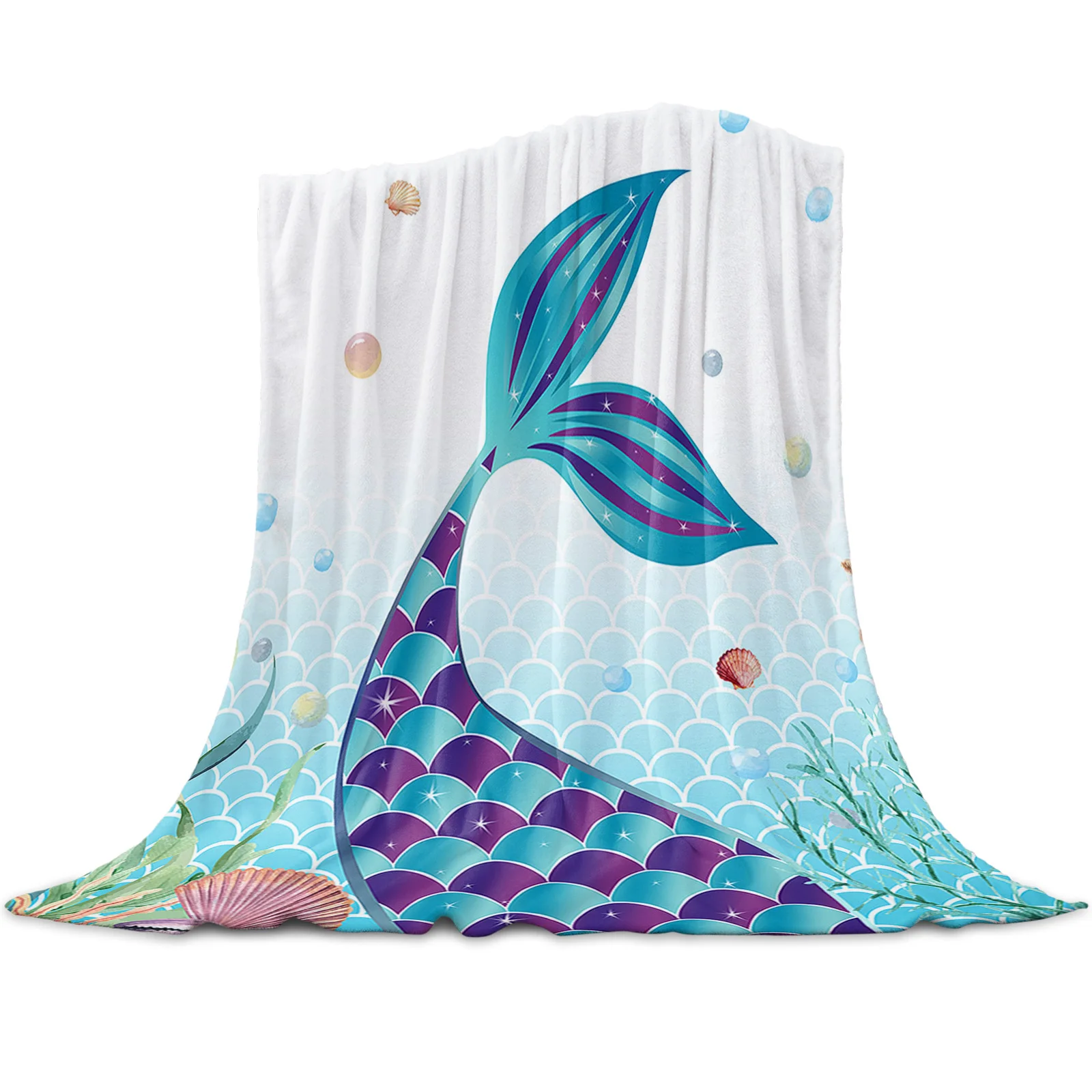 Mermaid Tail Ocean Coral Shell Starfish Printed Throw Blanket Flannel Fleece Blankets for Sofa Couch Bed Bedroom Bedspread