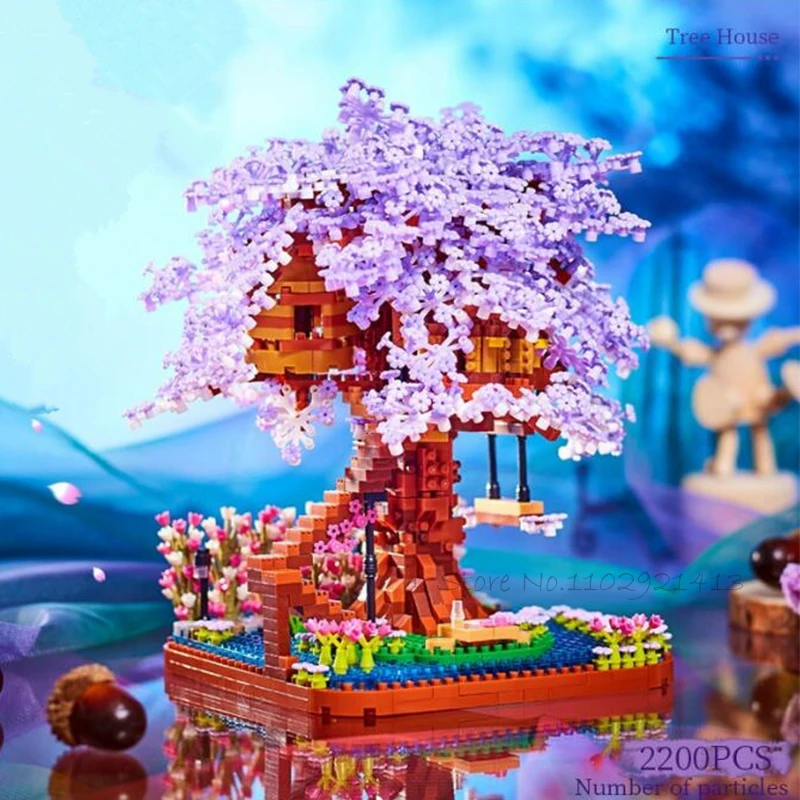 Purple Sakura Blocks With Box Cherry Blossoms Tree House Building Blocks Japanese Street MOC Assembly Brick Toys for Children