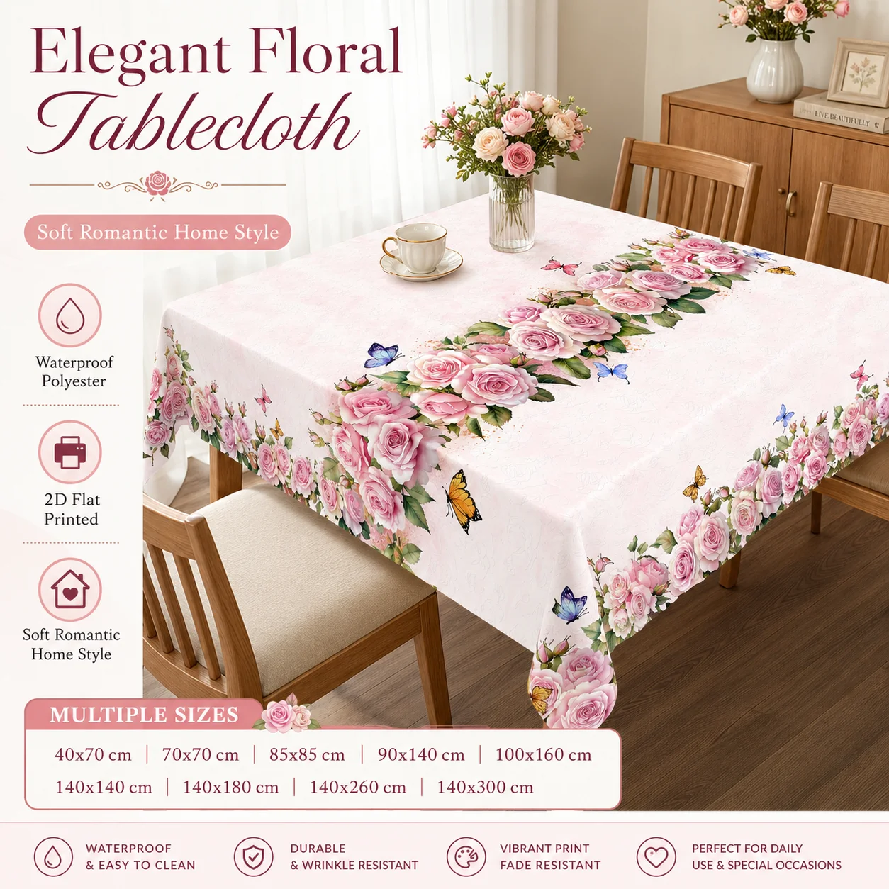 

Elegant Floral Tablecloth Waterproof Polyester 2D Flat Printed Rose Butterfly Table Cover Rectangular Banquet Dining Decor