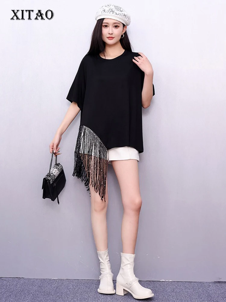 

XITAO Tassels Asymmetrical Solid Color T-Shirts O-neck Loose Short Sleeve Pullovers Simple Summer Woman T-Shirts ZMY1262