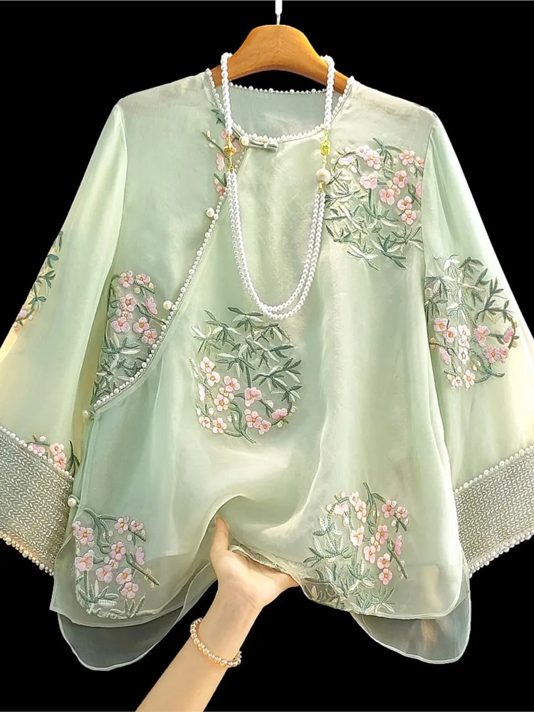 

New Chinese-style silk organse shirt for women with round neck and three-quarter sleeves, heavy embroidery, top