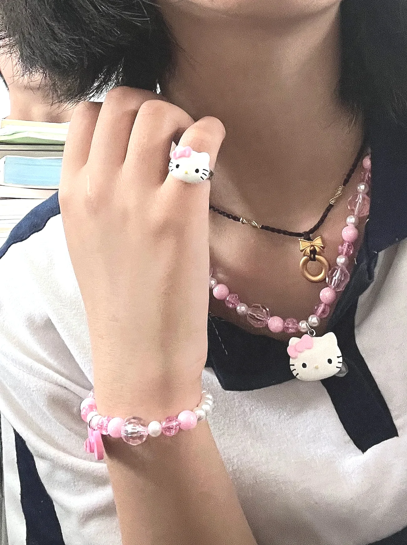 Y2K Hello Kittile Anime Collier pour Enfants, Bracelet Perlé Coloré, Bague pour Enfants, Bijoux de ix, Épingle à Cheveux Princesse Fille, Cadeau d'Anniversaire