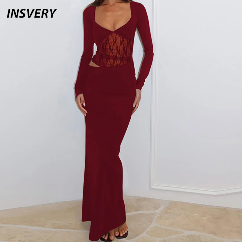 Neue Sexy Langarm V-ausschnitt Spitze Patchwork Lange Kleid Frauen Schwarz Aushöhlen Abend Club Party Kleid Mode Bodycon Kleider