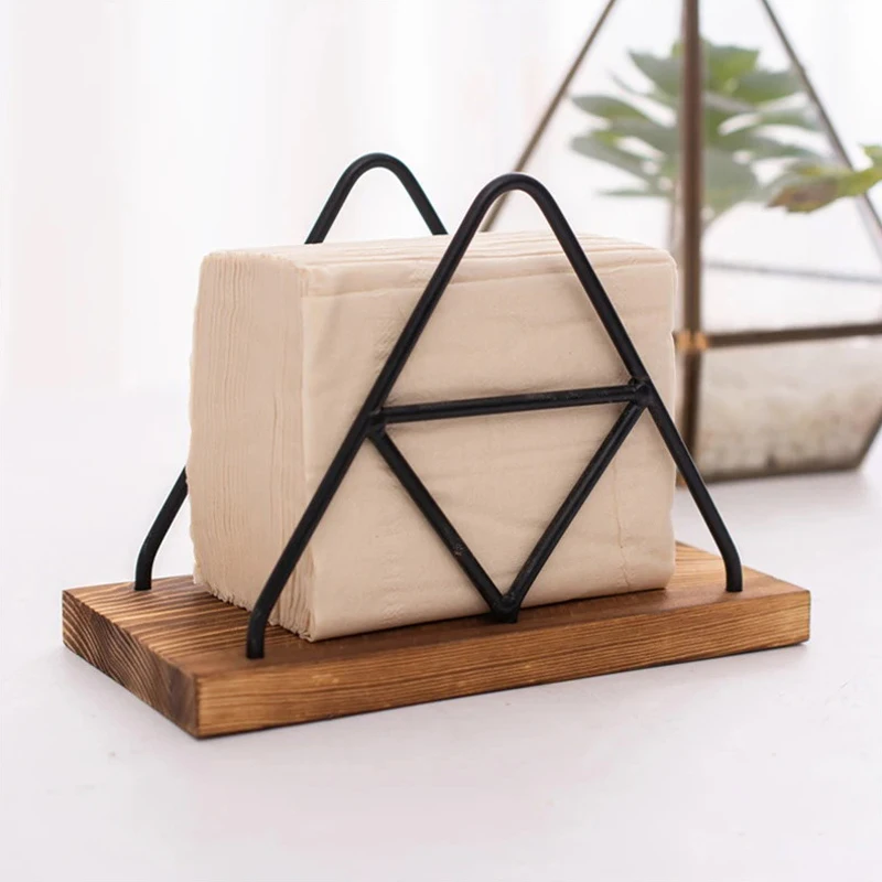 Nordic Triangle Paper Towel Holder Metal Steel Rim Wood Upright Napkin Holder Paper Towel Finishing And Placing Stand