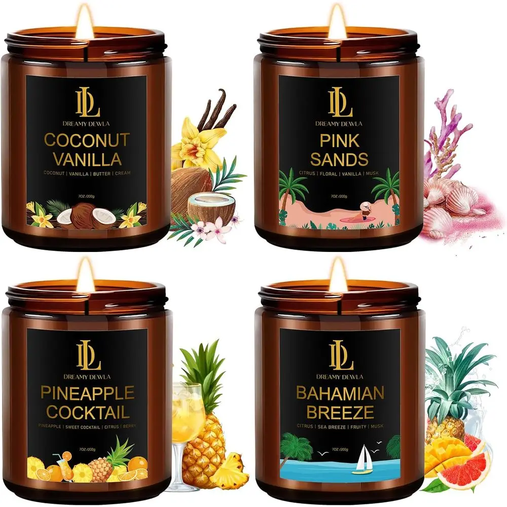 

Набор из 4 ароматических соевых свечей: PineCocktail, Cinnamon Vanilla, Pink Sands, Bahamian Breeze