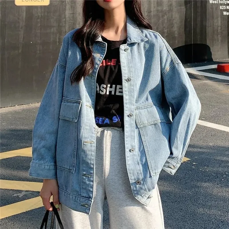 Fried Street Denim Jacket Female 2021 Spring Autumn Women\'s New BF Student All-Match Loose Small Casual Dark Blue Jacket Top W30