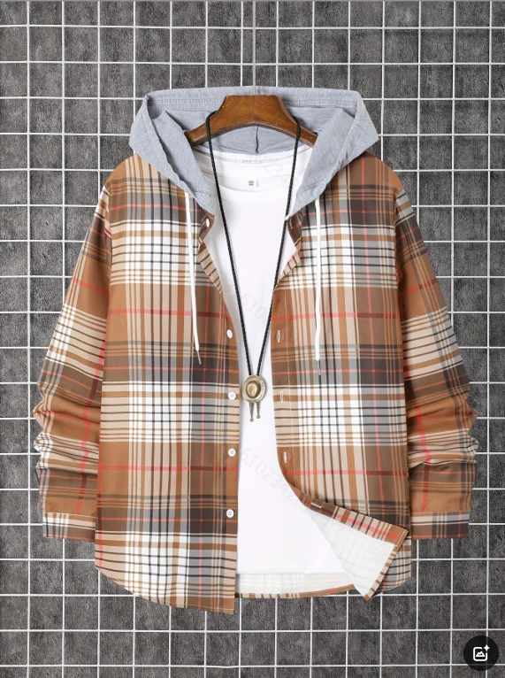 プリント柄のメンズ春秋長袖ボタンダウンシャツ