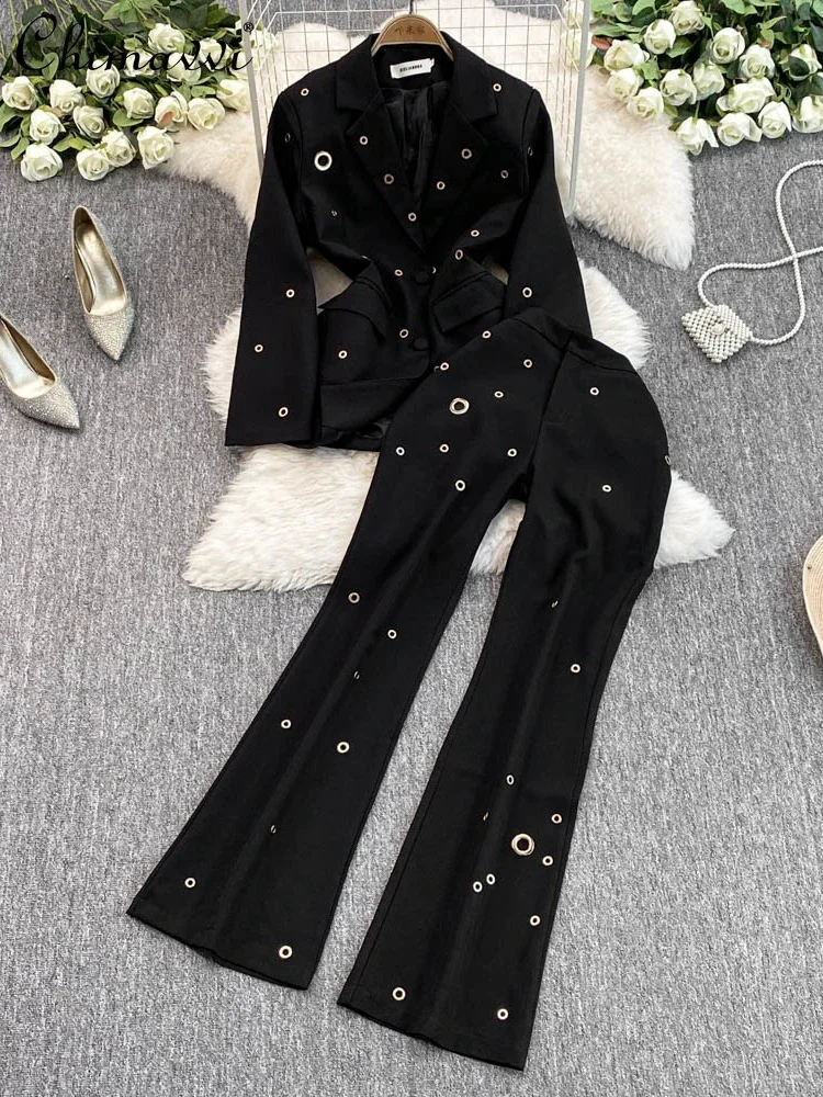 

French Temperament Fashion Commuter Metal Hole Single-breasted Blazer Top High Waist Slim Flared Trousers Two-piece Set Women