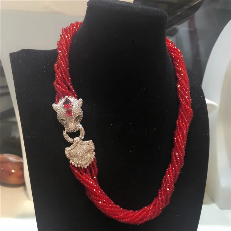 Women's fashion Leopard head clasp DIY accessory red glass crystal necklace welcome custom colors fashion jewelry