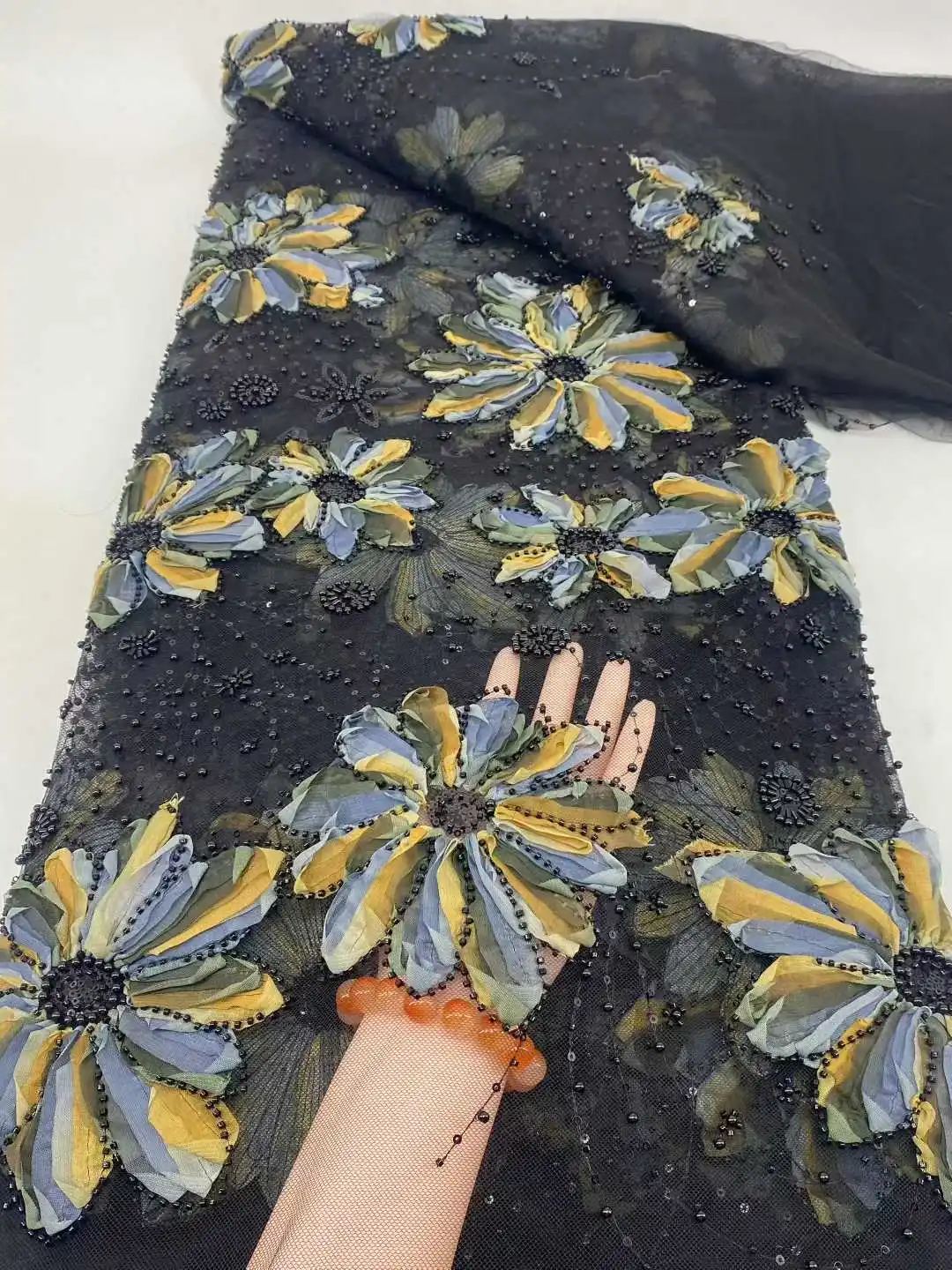 

Luxury Nigerian Tulle Beaded Lace Fabric African French Sequins 2025 Embroidery For Women's Party Evening Gown Sewing