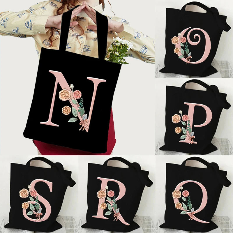 

Pink Rose Art 26 Letter Print Canvas Tote Bag Women Shoulder Bag Aesthetics Wild Flower Alphabet Shopping Ladies Floral HandBags