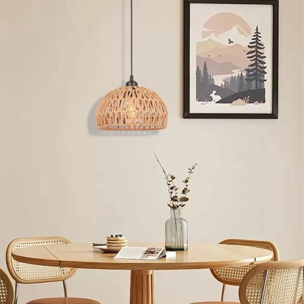

30CM Rattan Chandelier Boho Pendant Light with Basket Lampshade Farmhouse Ceiling Hanging Light Fixture for Dining Room Bedroom