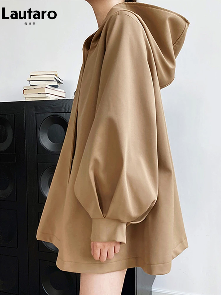 Lautaro Spring Khaki Black Loose Casual Hooded Coats Korean Style for Women Sashes Luxury Designer Fall Clothing Fashion 2022