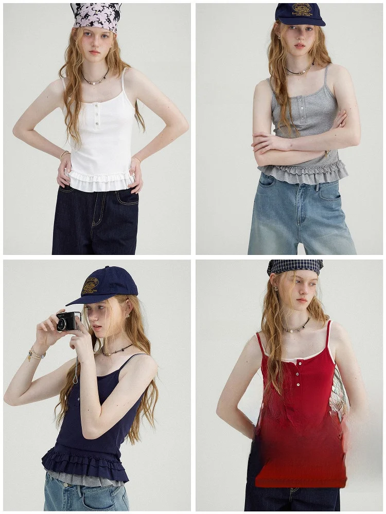 

Slimming High Elastici Cake Ruffle Hem Strap Vest Women's Faion Casual Cotton Blend Vest with Wood ain Detail