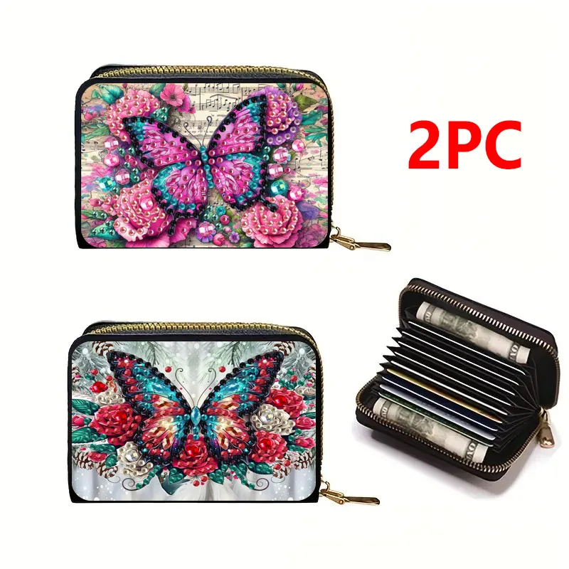 

2, набор алмазной живописи «сделай сам», футляр для карт на молнии, материал из искусственной кожи, портативный кошелек для монет ручной работы с узором бабочки
