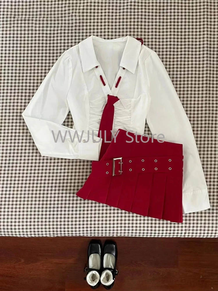 Moda coreana, nuevos conjuntos de falda de dos piezas, estilo Preppy, camisa ajustada blanca de manga larga, Tops + minifalda plisada de cintura alta