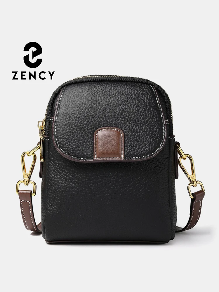 Zency 100% جلد طبيعي المرأة حقيبة كروسبودي العملي حقيبة الهاتف الفتاة حقائب صغيرة رفرف سيدة حقيبة يد 2025