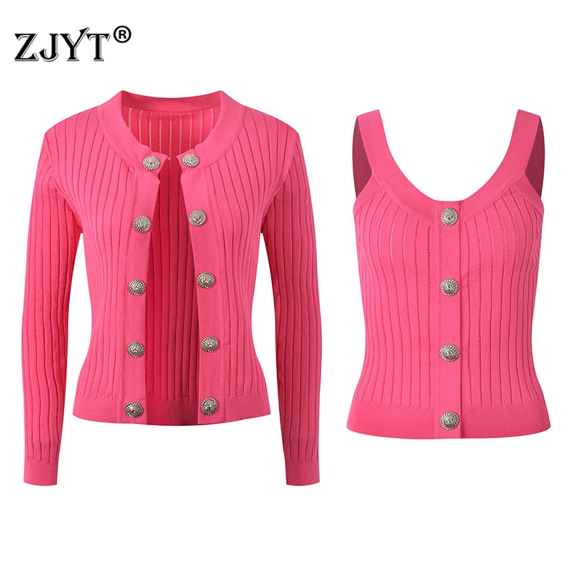 

ZJYT Autumn Fashion Vest+Cardigan Sweaters for Women Knitting Tops 2 Pieces Elegant Buttons Knitwears Black Jersey Mujer