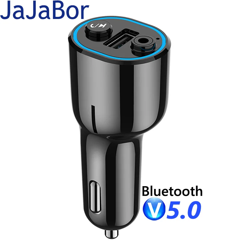 JaJaBor Car FM Transmitter Voice Assistance Aux Audio Receiver Build In Isolator Car MP3 Player Bluetooth Handsfree Car Kit