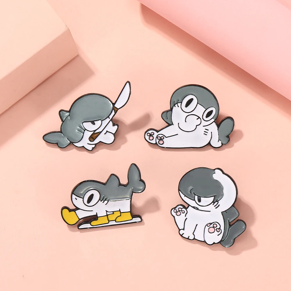 4Pcs/Set Naughty Shark Skin Cats Series Pins Cute Cartoon Whale Kitten Kitty Enamel Brooches For Pet Lovers Bag Clothes Jewelry