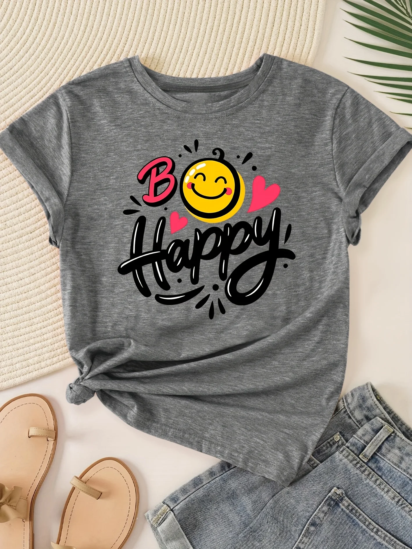 Women Heather Green Crew Neck Tee Be Happy Smiley Heart Letter Print Rolled Sleeve Casual Short Sleeve Ladies Tops