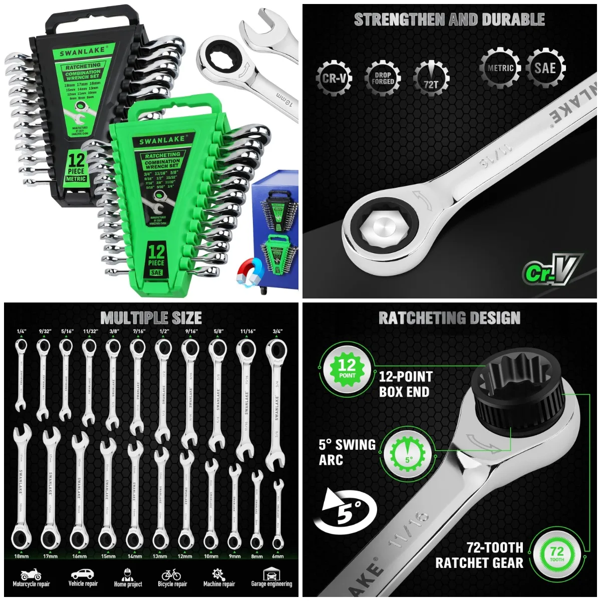 

24-Piece Metric & SAE Ratchet Wrench Set, 12-Point 72-Tooth, Chrome Vanadium Steel, Magnetic Organizer