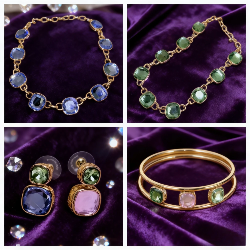 

2025 Новые элегантные аксессуары 2025 Модный юбилейный комплект украшений с синими и зелеными кристаллами, идеальный подарок для женщин