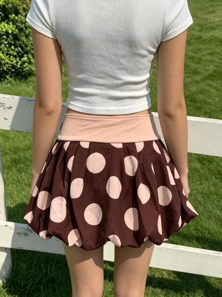 Ladies Fashionable Cute Polka Dot Puff Mini Skirt Punk Retro Contrast Waist Pleated Bubble Hem Short Skirt For Daily Streetwear