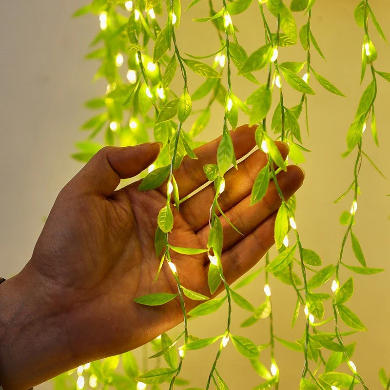 Creative Rattan Ornaments  Copper Wire Artificial Green Leaves String Lights Holiday Gift  DIY Decorations Fall decor Wreath Lei