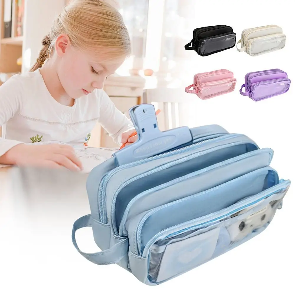 Cute Bear Pencil Case Waterproof Multi-layer Pen Bag Large Capacity with Handle Stationery Storage Pouch