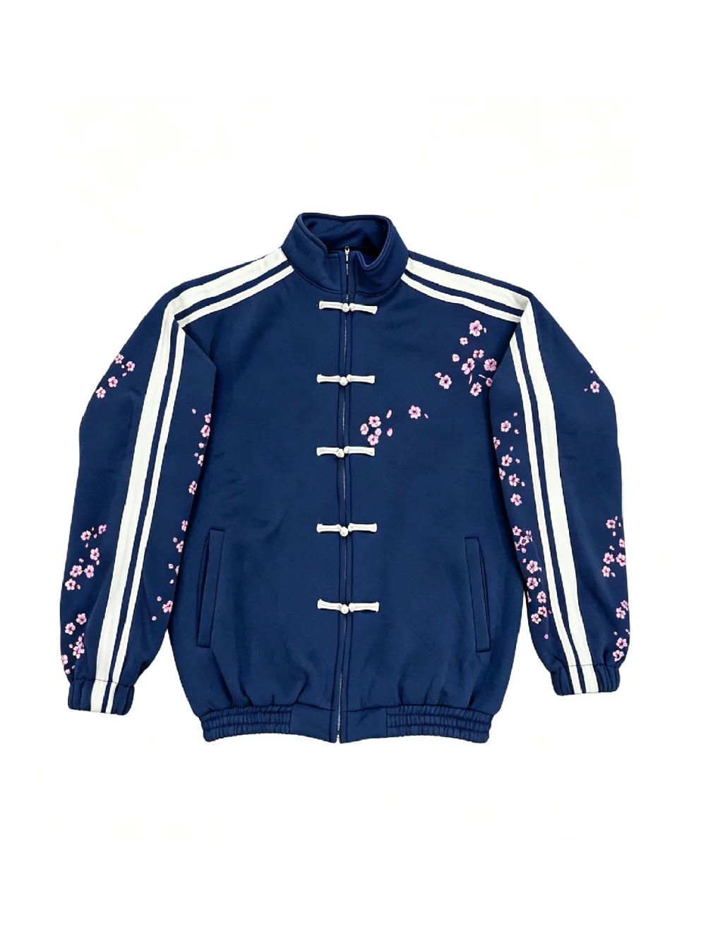 New autumn and winter retro zipper hoodie unisex cherry blossom print double white striped sleeves street trend casual sports