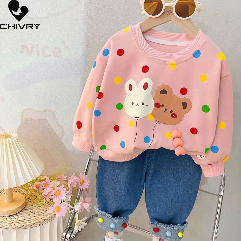 

New 2023 Kids Baby Autumn Fashion Cartoon Bear Dot Pullover Sweatshirt Tops with Denim Pants Boys Girls Casual Clothing Sets