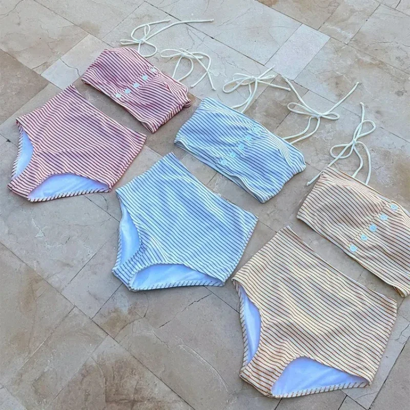 Bikini a fascia a righe moda coreana sexy imposta due pezzi costume da bagno a vita alta push up costumi da bagno costume da bagno da spiaggia femminile