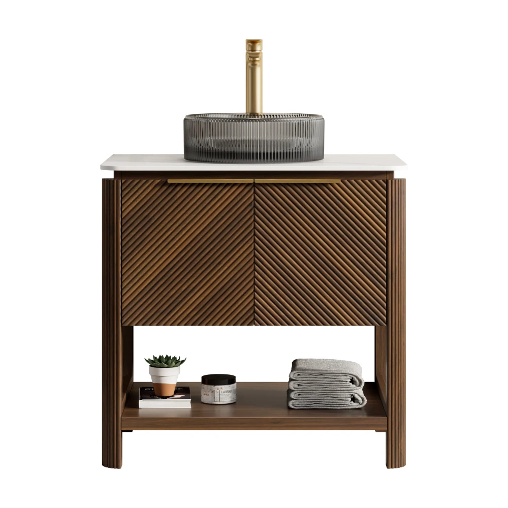 

30" Bathroom Vanity&Sink, Freestanding Plywood Storage Cabinet with 2 Diagonal Striped Doors&Open Shelf, Black Transport Glass Basin&Carrara White Sintered Stone Top, Dark Walnut Woodgrain
